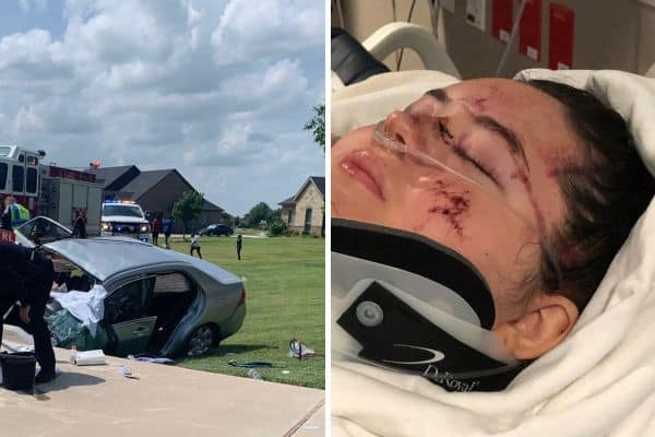 The photo on the left depicts a car crash under blue sky full of white clouds. On the right, a young woman wearing a protective collar lies in a hospital bed.