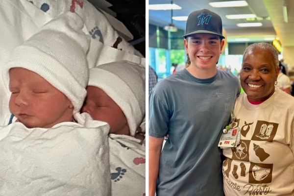 On the left, two infants wearing white caps cuddle together. On the right, a young man wearing a blue baseball cap stands beside woman wearing a medical badge. They smile at the camera.