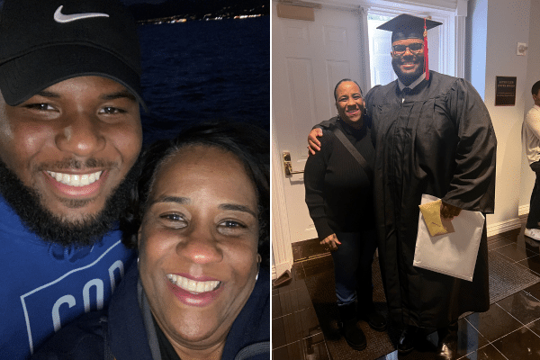 Karol is pictured with her son, Malex, in a two-photo collage. Photo on the left shows both posing with a smile for a selfie. The other photo shows them at Malex's graduation posing with him in his cap and gown.