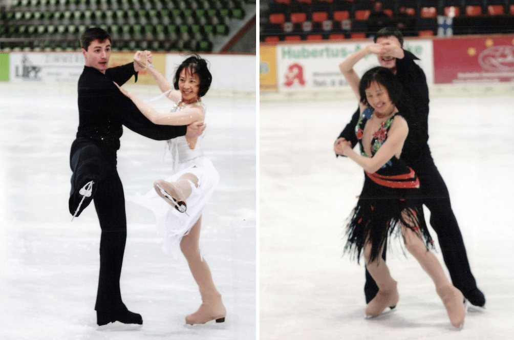 Stella Sun figure skates in an ice rink with her partner