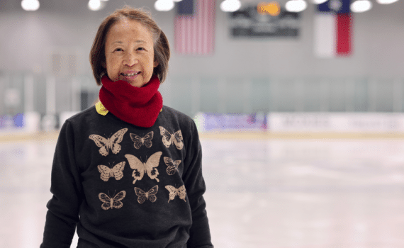 A woman named Stella Sun photographed in an ice skating rink after an endoscopic surgery removed a tumor from her stomach that could have become cancer