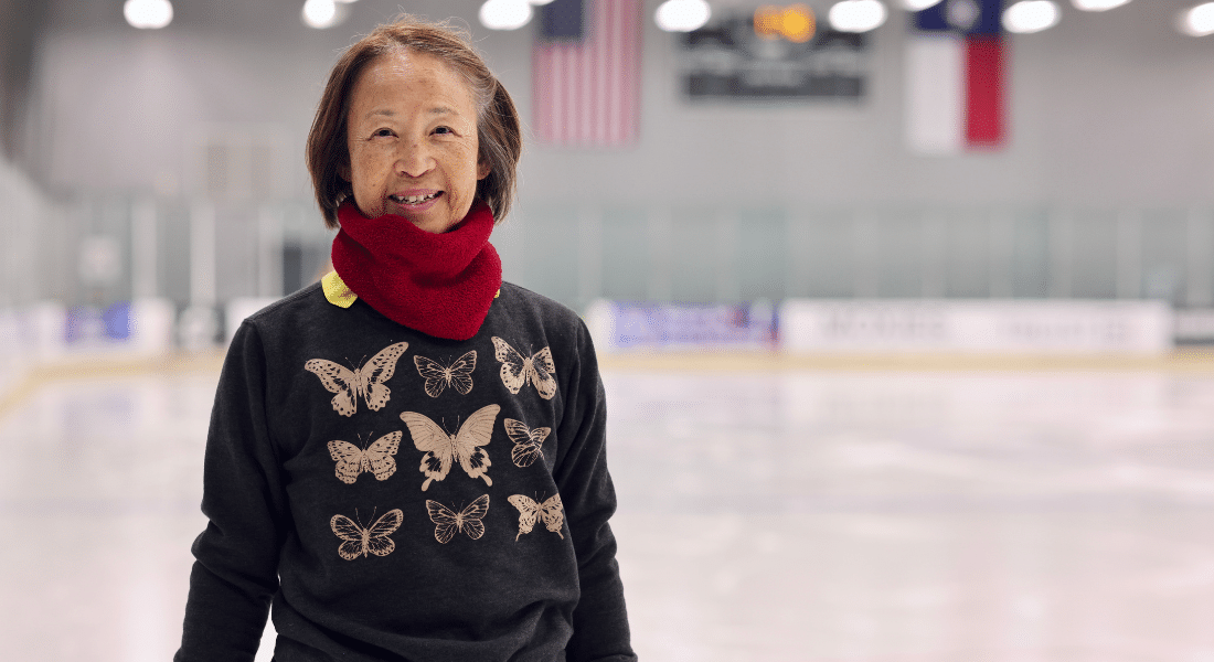 A woman named Stella Sun photographed in an ice skating rink after an endoscopic surgery removed a tumor from her stomach that could have become cancer