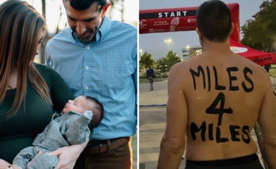 Photo collage of Jessica and Michael Farrah with their baby Miles, paired with a photos of Michael Farrah participating in 5K with "Miles for Miles" painted on his back.