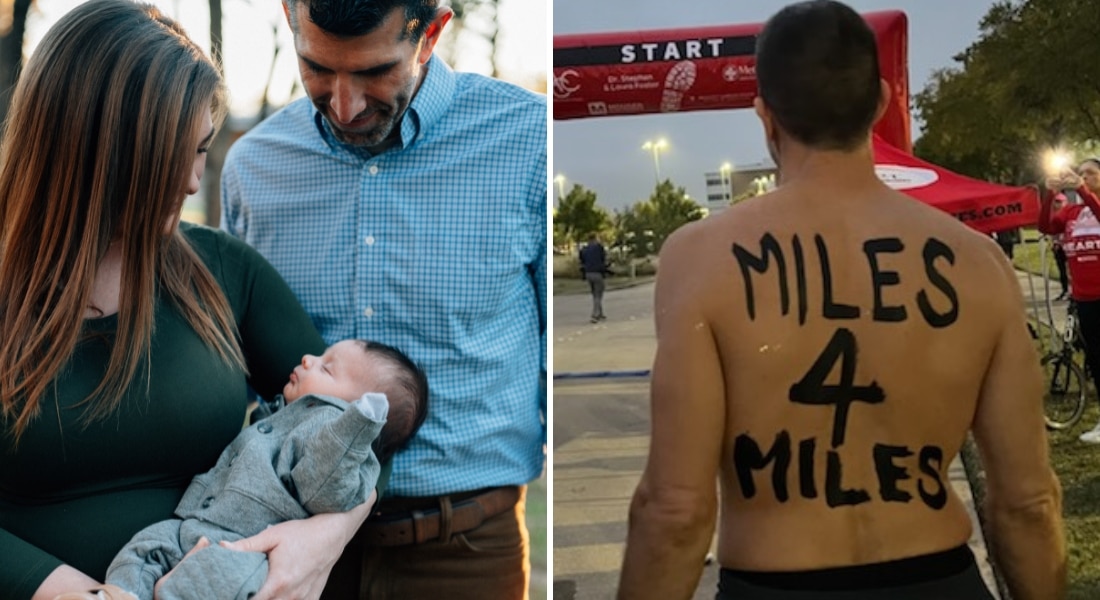 Photo collage of Jessica and Michael Farrah with their baby Miles, paired with a photos of Michael Farrah participating in 5K with "Miles for Miles" painted on his back.