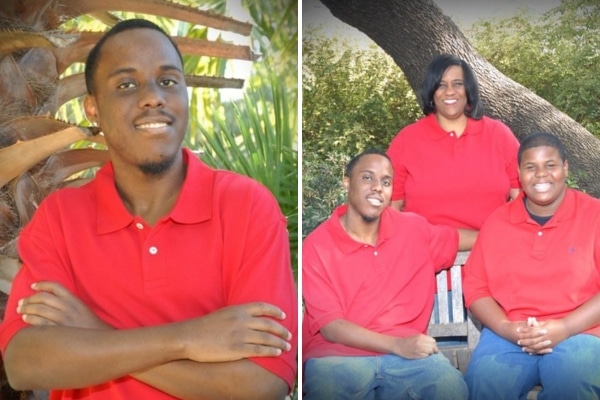 On the left, Chaz looks into the camera, smiling. On the right, Karol Fuget poses with her sons Chaz and Malex seated on a park bench.