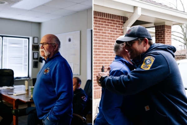 Collage showing retired firefighter Curtis Dunn being welcomed to his hold firehouse with a hug.