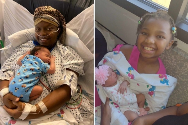 Photo collage showing Tatyerra Thomas holding her newborn RayLynn in the hospital, with her older daughter Angel holding her baby sister in the second photo.