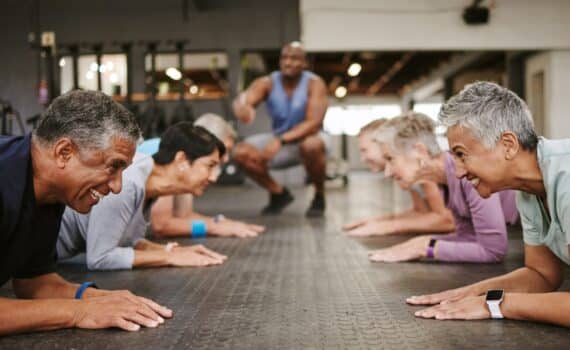 Older adults practice yoga for heart health.