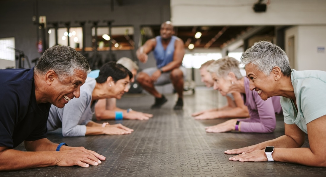 Older adults practice yoga for heart health.