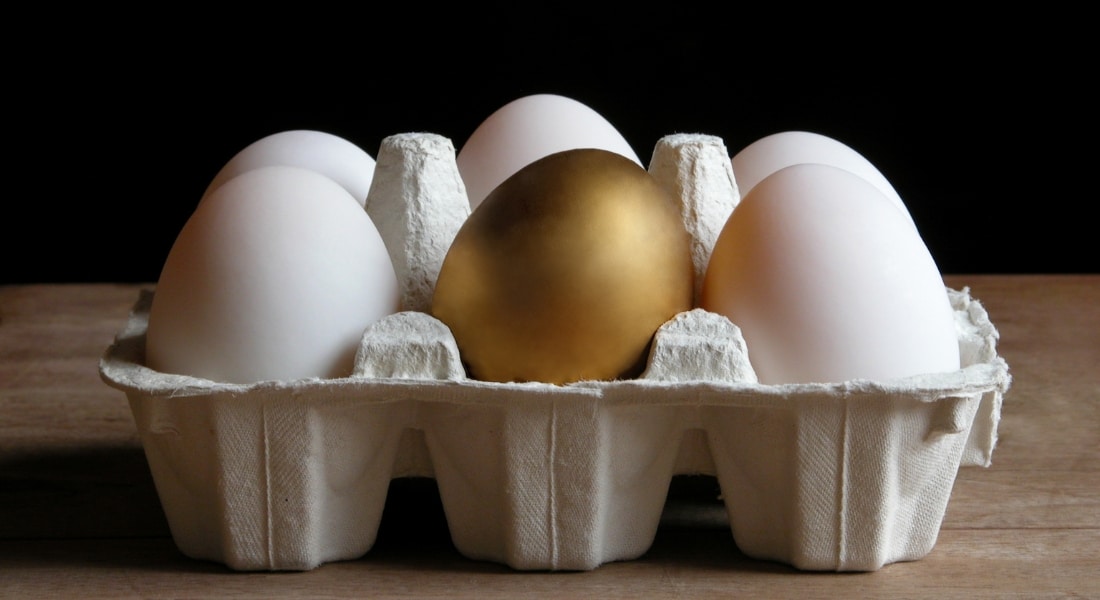 An egg carton with a golden egg