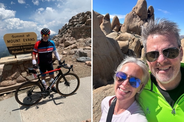 Collage showing Methodist Dallas patient Tom O'Brien with his bike in one photo and with his wife in another.