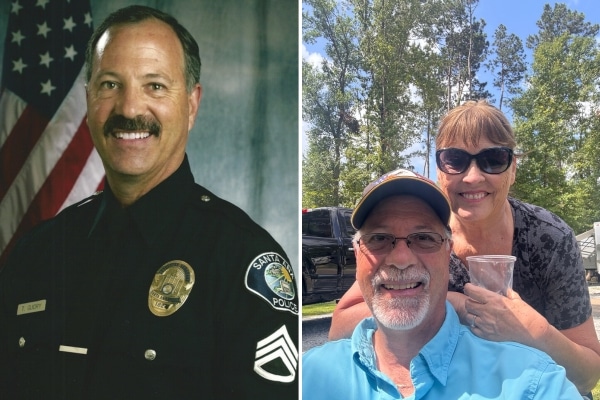 A photo collage shows Troy Guidry in his police uniform on the left and with his wife, Robbin, on the right.