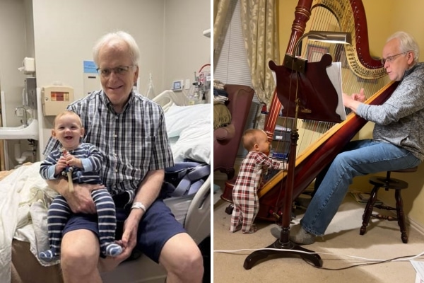 Rod Milton sits with his grandchild in the hospital and while playing the harp at home.