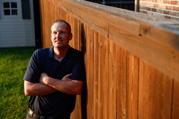 Heart patient Scott Edstrom in his back yard in Prosper