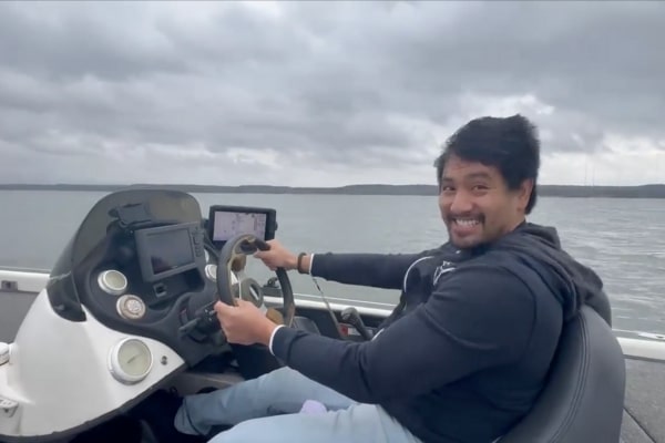 Ivan Cruz at the wheel of his patient Troy Guidry's bass boat