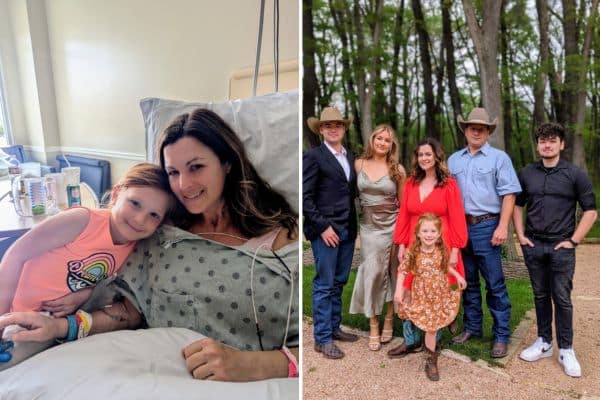 A photo collage shows cancer survivor Brooke Jayo with her daughter Harper on the left and the whole family on the right.