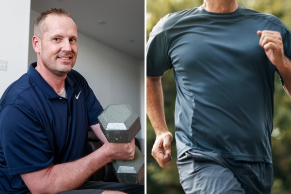A collage shows Scott Edstrom lifting weights on the left with a stock image of a jogger stretching on the right.
