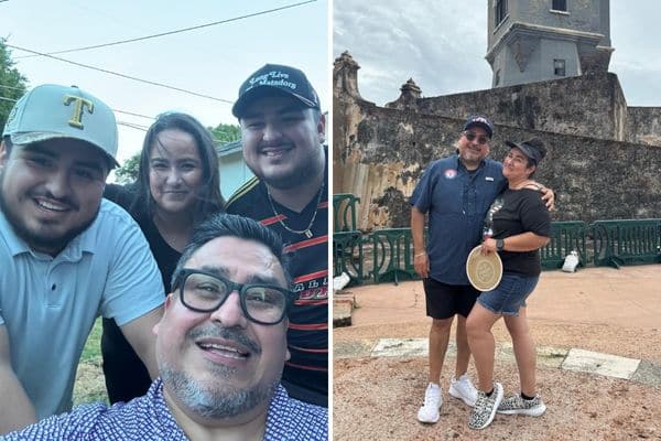 A collage showing Cynthia Granados and her family on the left and Cynthia and husband Juan traveling abroad on the right.