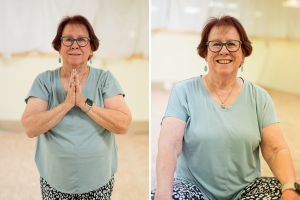 A collage of two photos shows breast cancer survivor doing yoga.
