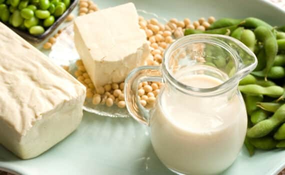 Different soy products are shown, including edamame, tofu, and soy milk