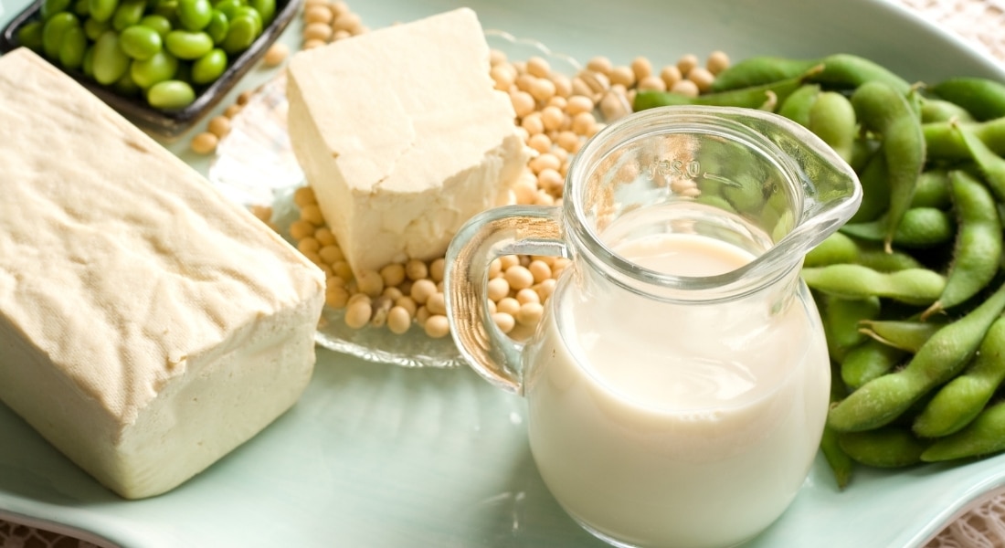 Different soy products are shown, including edamame, tofu, and soy milk