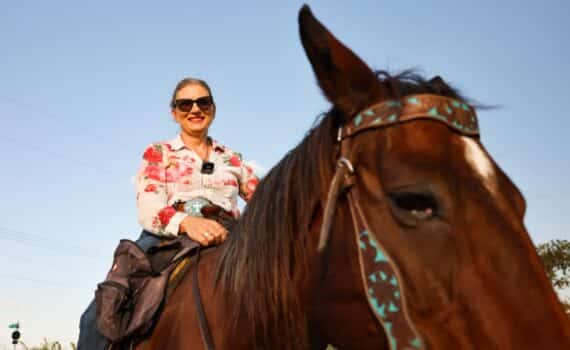 Amy Yoste on her horse at her Celina property