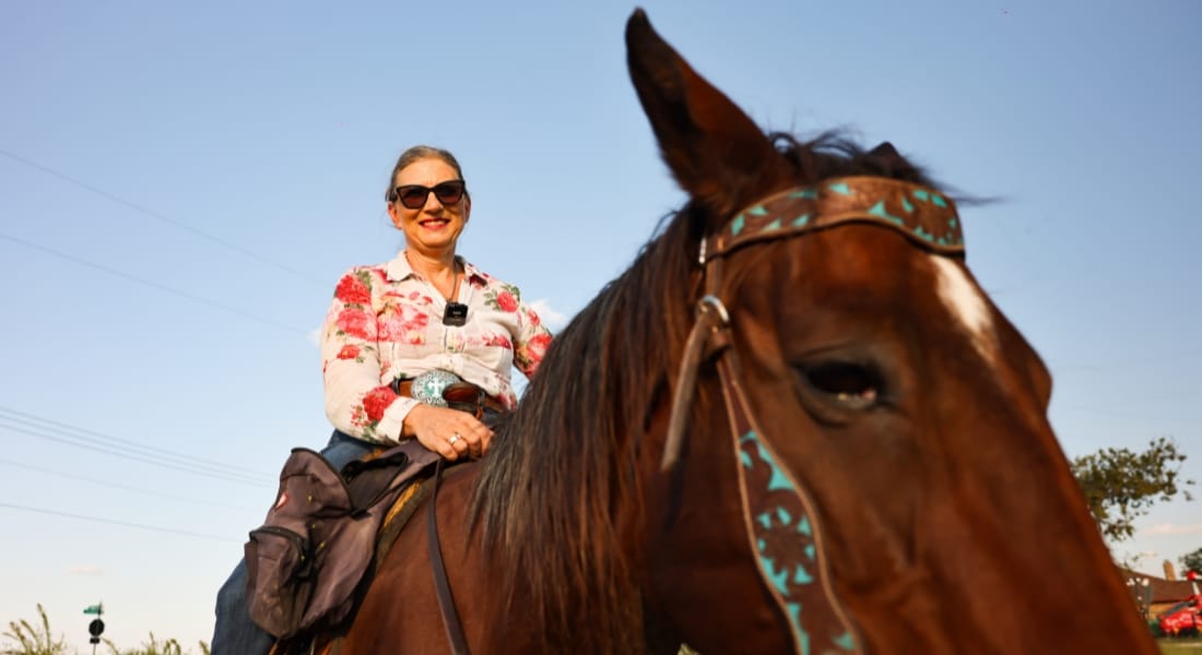 Amy Yoste on her horse at her Celina property