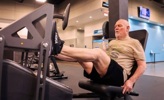 Sleep apnea patient James Allen works out at the gym.