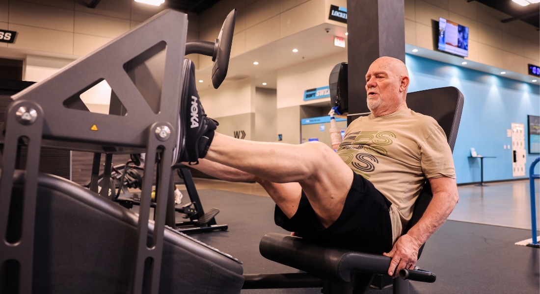 Sleep apnea patient James Allen works out at the gym.
