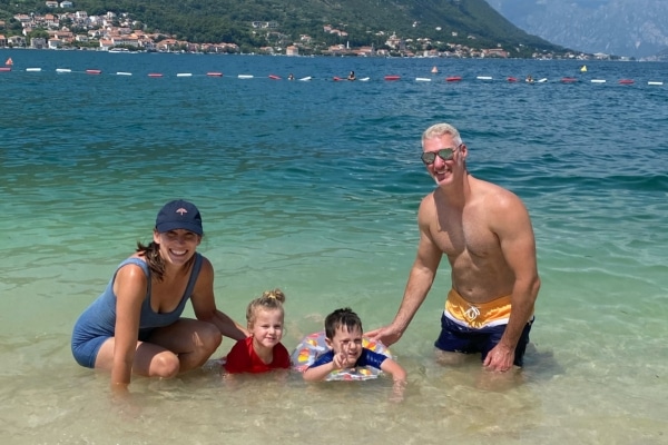 Allison Macalik swimming with her son, Noah, daughter, Davie, and husband, Russ