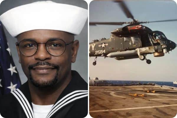 A collage shows Greg Williams in his Navy uniform on the right and the helicopters he helped maintain in the Gulf War
