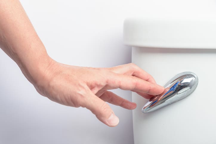 Closeup view of female hand pressing the toilet handle in a bathroom. Flushing is the necessary sanitary and hygienic procedure after use the toilet.
