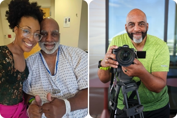 Collage of photojournalist Robert Flagg after his spine surgery and back behind the camera.