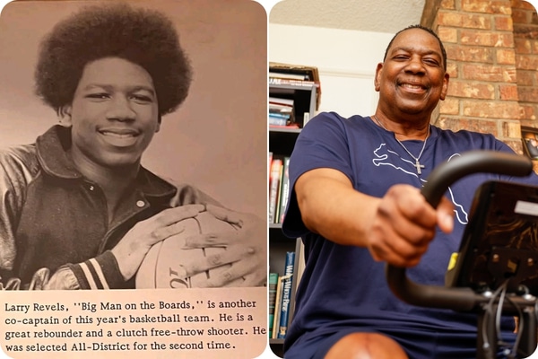 A photo collage shows knee surgery patient Larry Revels in his high school days and now.