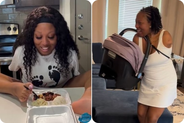 A collage shows screengrabs of social media videos featuring Kashmiere Culberson eating and caring for her baby.