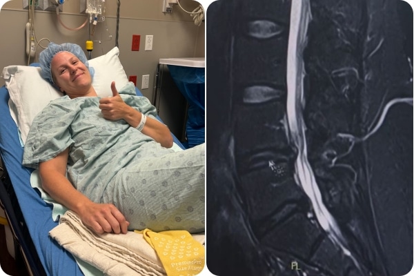 A collage shows Kellianne Hodges in the hospital on the left and an MRI scan of her herniated disc on the right.