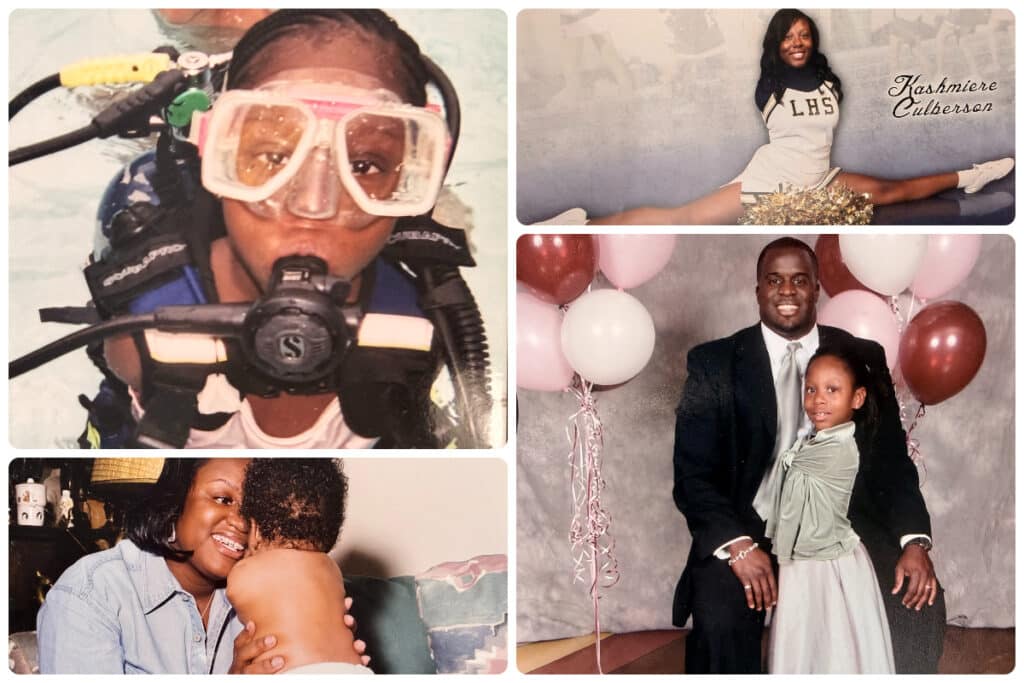 A collage shows Kashmiere Culberson at various stages of life: scuba diving, attending a daddy-daughter dance, and joining the cheerleading squad.