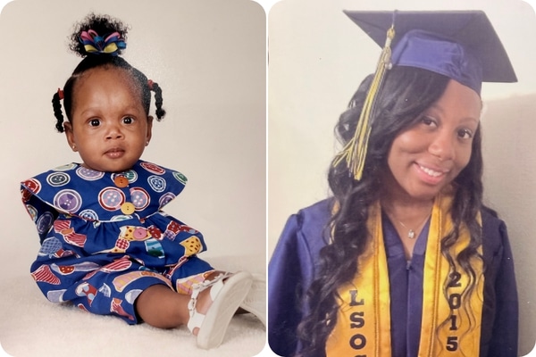 A photo collage shows Kashmiere Culberson as a baby and in her graduation cap and gown as a high school senior.