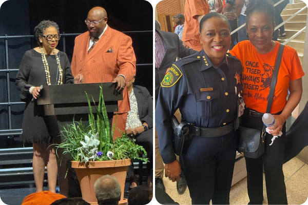 A photo collage shows Sharron Jackson with City Councilman Maxie Johnson and Dallas County Sheriff Marian Brown.