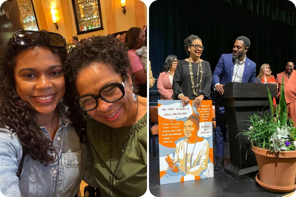 A photo collage shows Sharron with her daughter and at a Dallas ISD event honoring her.