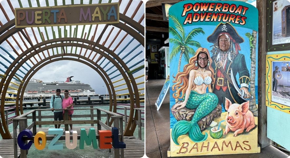 A photo collage shows Lupe and Tony Macias travelling the world on cruises to Mexico and the Bahamas.