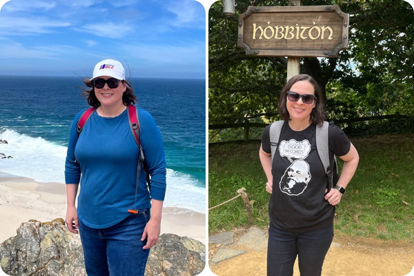 A photo collage shows Darrah Rippy on vacation before her weight loss (left) and after.