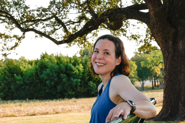 Weight loss patient Darrah Rippy sits on a bench at a park in Dallas