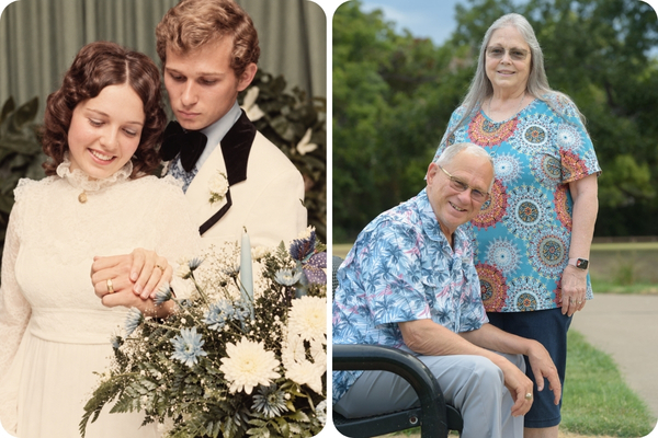 A collage shows Ernest and Marsha Muegge on their wedding day 50 years ago and today.