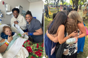A photo collage shows burn patient Vivian Pina in the hospital on the left and outside in a group hug on the right.