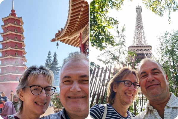 A photo collage shows Nick Petrichenko and his wife, Mary, traveling the world.